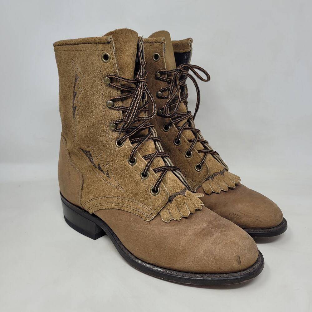 VTG Laredo Boots 7 Tan Brown Nubuck Leather Kiltie Tassel Two Tone Western Ranch